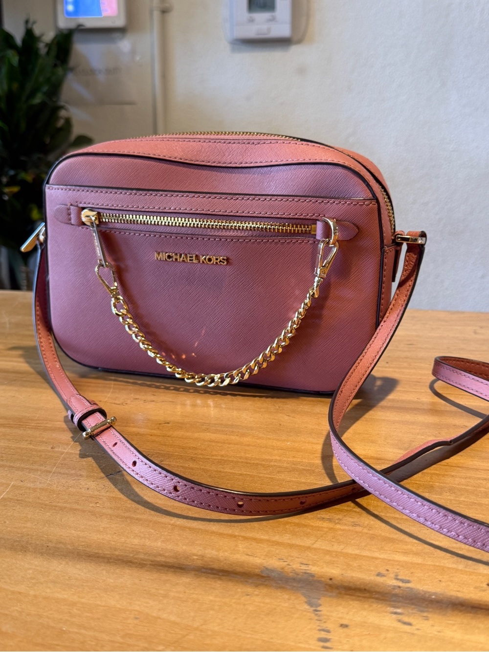 Michael Kors Rose Pink Saffiano Leather Crossbody with Gold Chain